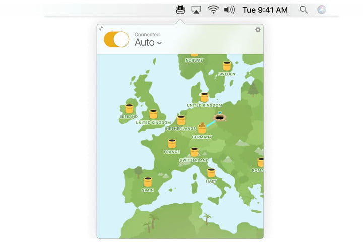 نمای نزدیک نوار ابزار Mac سرورهای باز و در دسترس TunnelBear را نشان می دهد.
