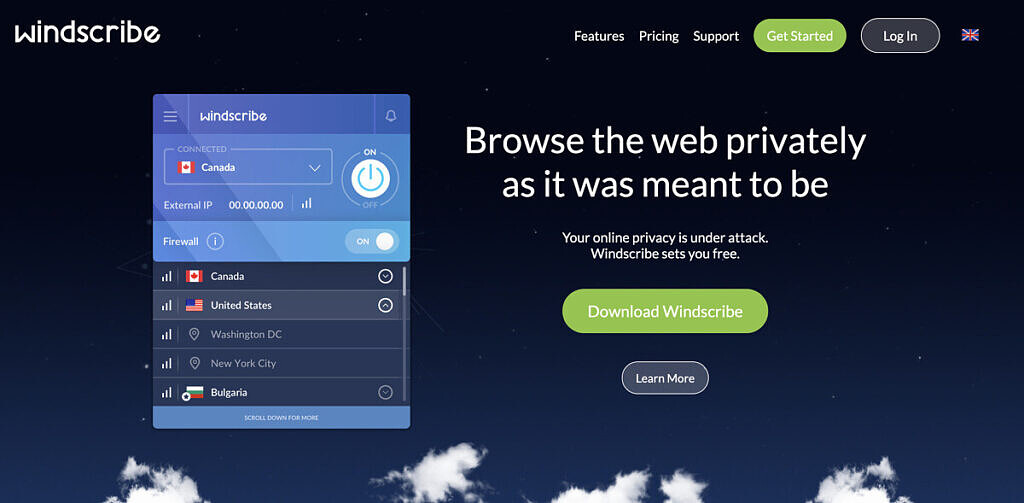  صفحه اصلی Windscribe. 