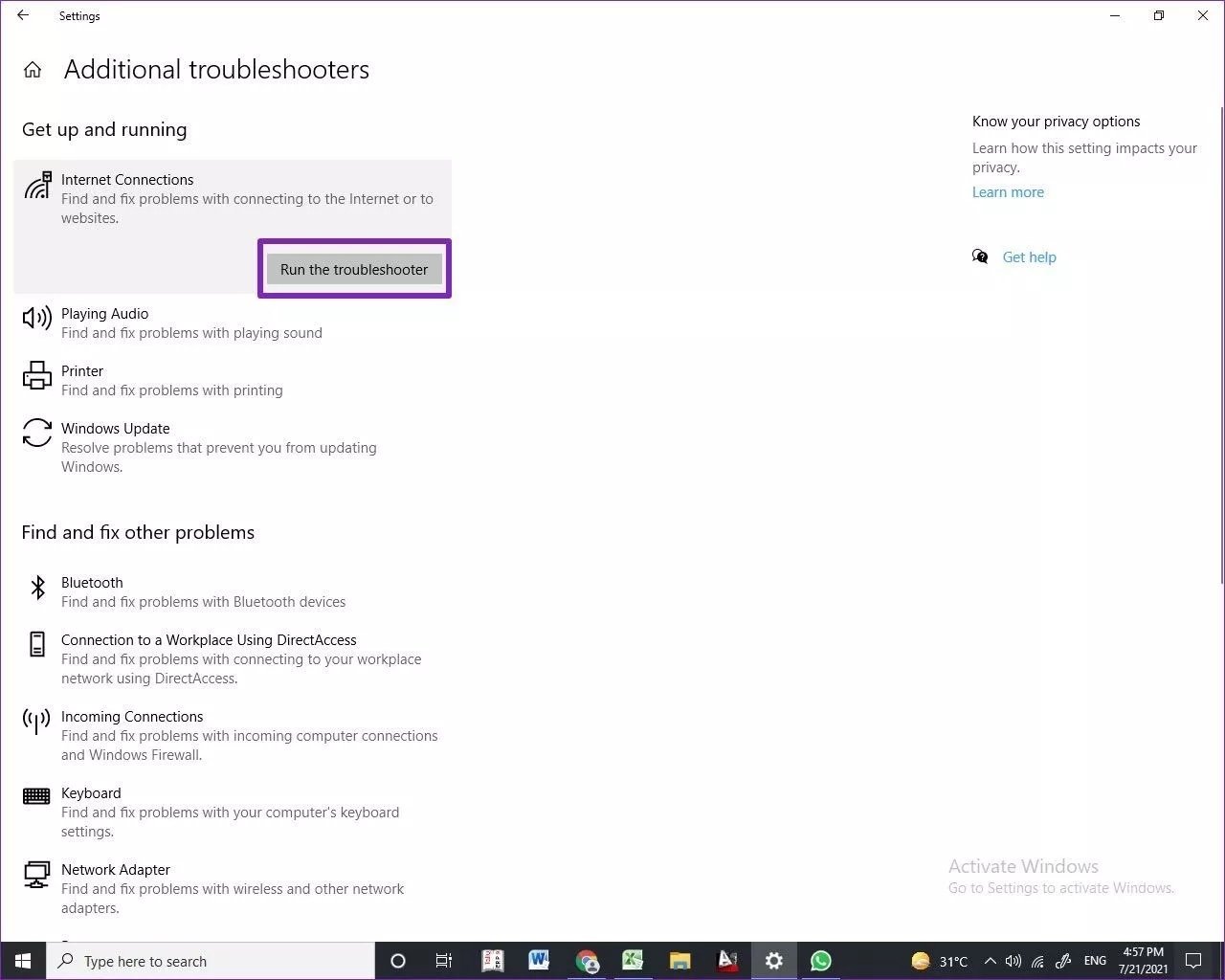 Run internet conenction troubleshooter