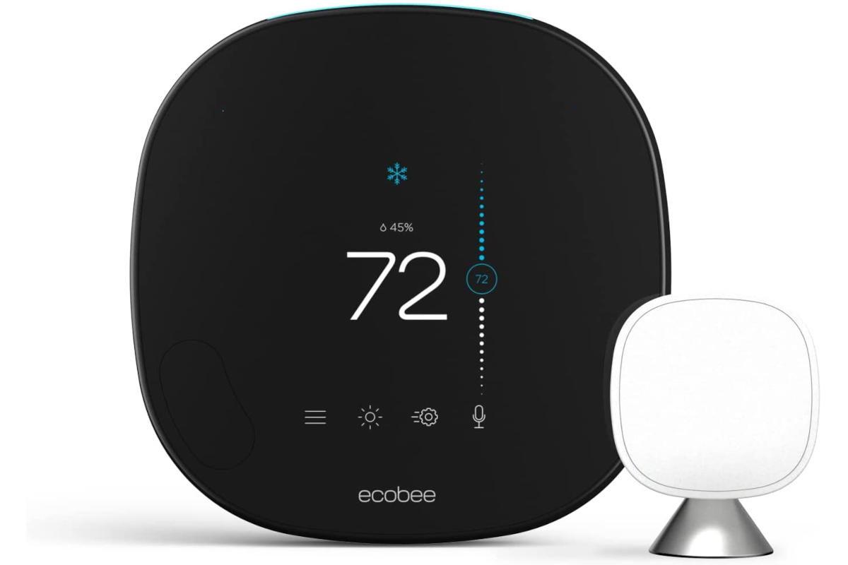  ترموستات هوشمند ecobee رو به جلو با سنسور در پس‌زمینه سفید