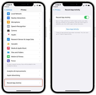  ثبت فعالیت برنامه ios 15