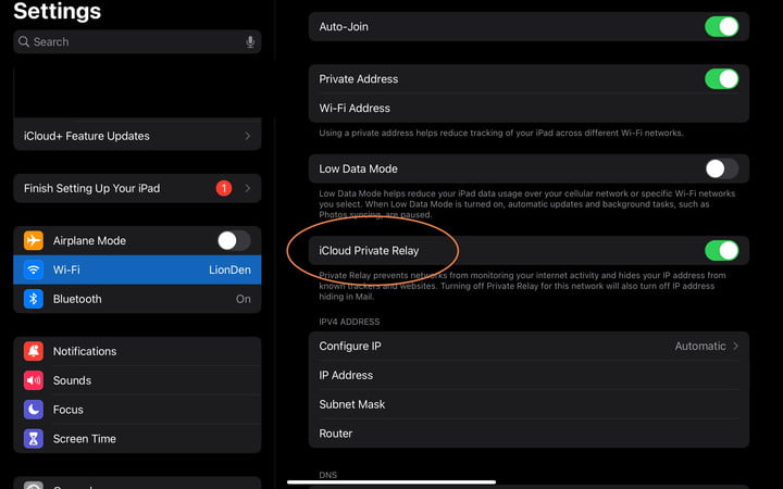تنظیمات Wi-Fi رله خصوصی iPadOS.
