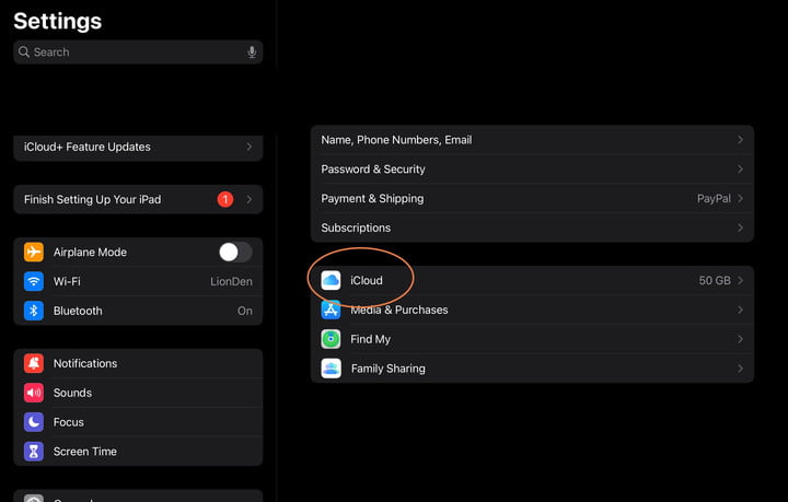 iCloud را در تنظیمات حساب iOS خود انتخاب کنید.