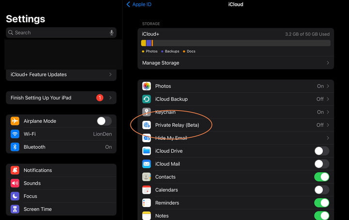 Relay خصوصی را در تنظیمات iPad پیدا و فعال کنید.
